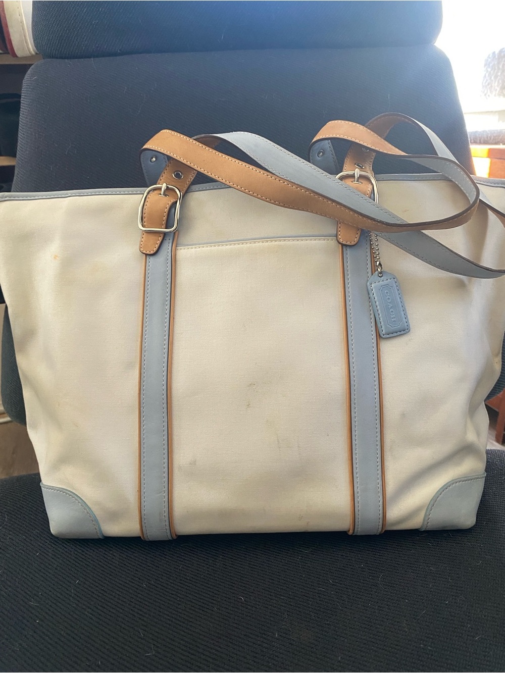 Coach Cream Canvas Tote with Light Blue and Tan Leather Trim